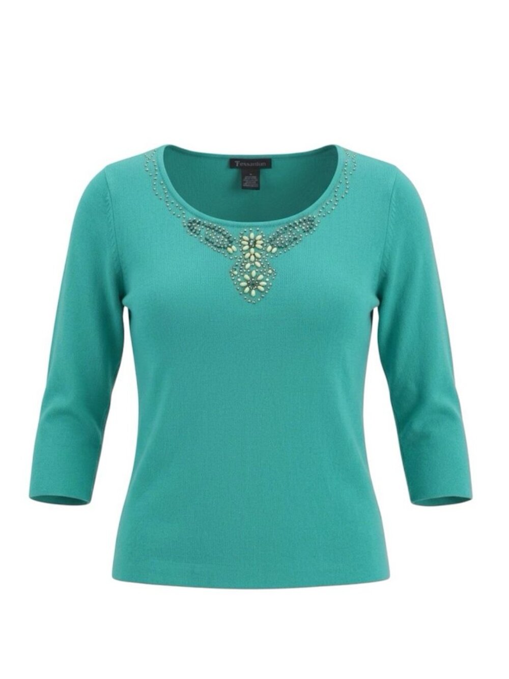 89th & Madison Teal Knit Sweater Blouse Bead Embellished Neck Sz L 3/4